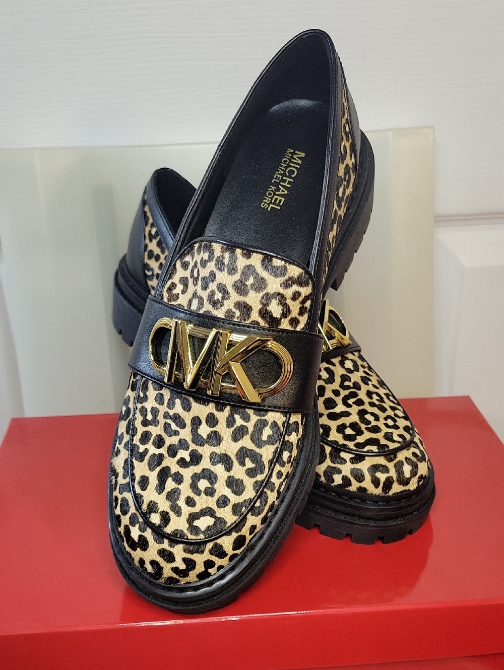 Michael Kors Leopard-Print Moccasins with Black Trim and Gold MK